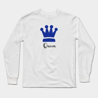 Queen Word Art in Blue Glitter Crown Long Sleeve T-Shirt